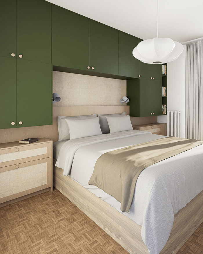 Création d'une tête-de-lit sur-mesure avec des façades PLUM à Versailles par Studio Nidu, agence d'architecture d'intérieur