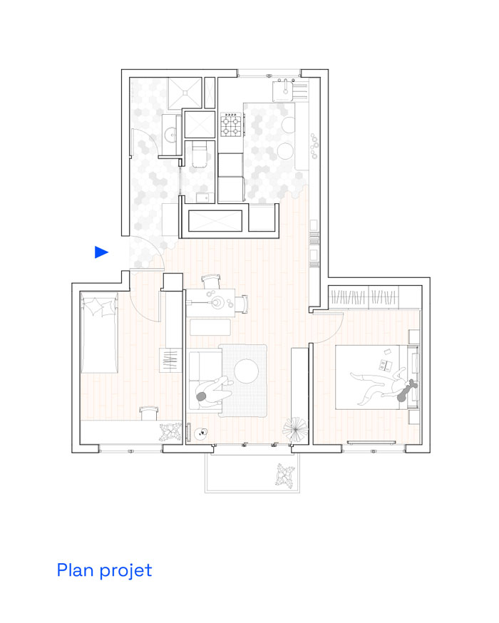 Plans Avant et Après de l’appartement rénové à Versailles, avec réorganisation des volumes et création d’une chambre supplémentaire, Studio Nidu, architecte d’intérieur